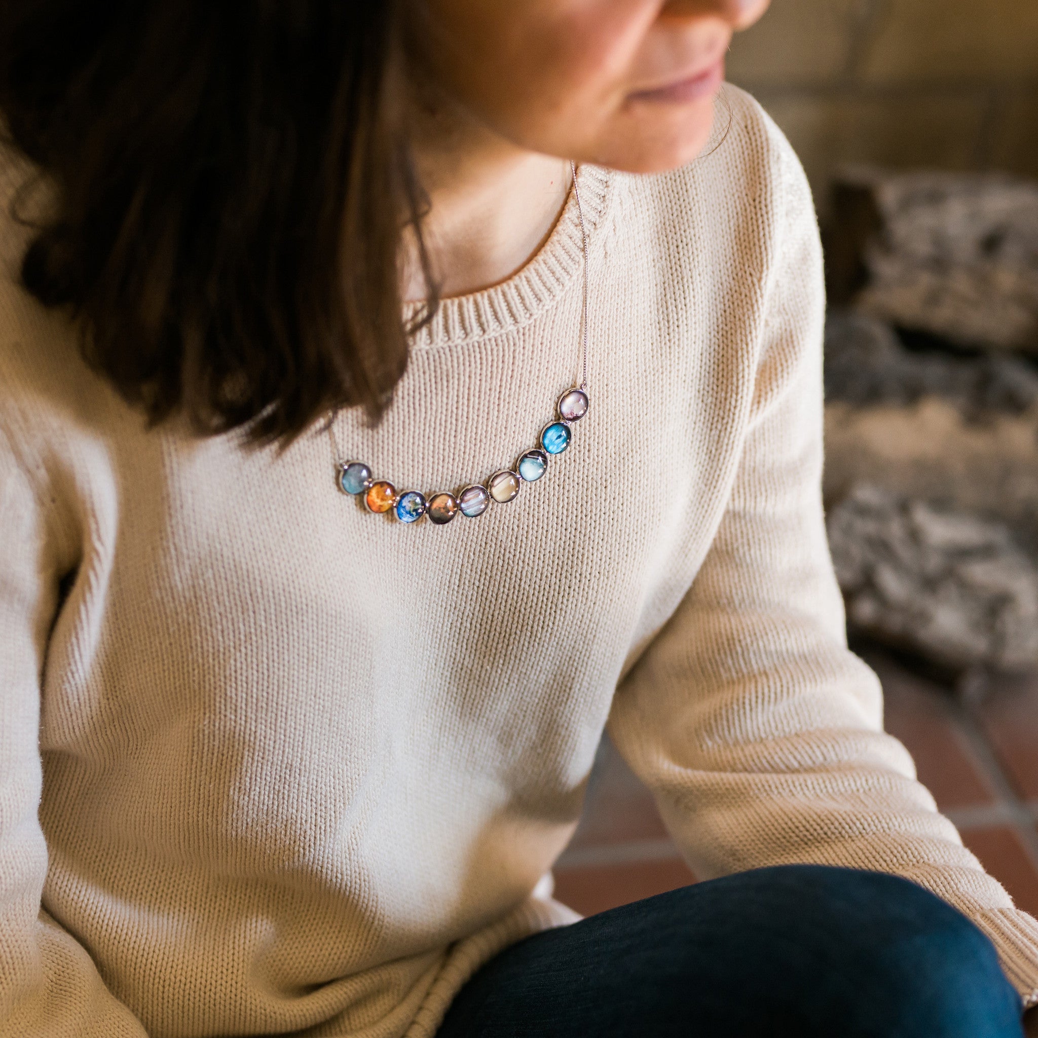 Curved Solar System Necklace in Silver